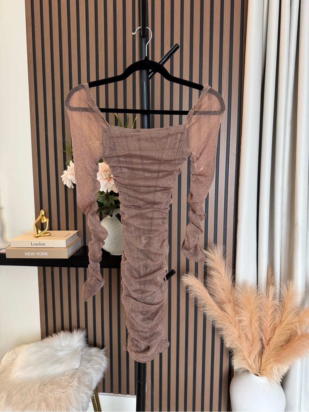 Ruched Long Sleeve Party Dress - Brown